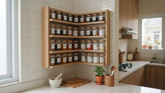 Ide rak bumbu yang menyatu dengan dinding dapur sehingga terlihat rapi dan elegan, model sudut untuk pertemuan dua dinding