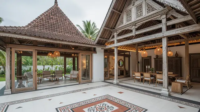 Rumah Desa dengan Kombinasi Kayu Tua dan Lantai Teraso/Gemini AI