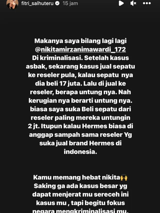 Unggahan Fitri Salhuteru soal Nikita Mirzani. (Foto: Dok. Instagram @fitri_salhuteru)