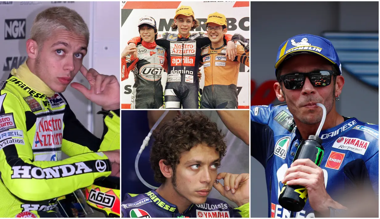Pembalap MotoGP, Valentino Rossi, terkenal dengan penampilnnya yang nyentrik. Berikut gaya pembalap asal Italia ini dari masa ke masa. (Foto Kolase AFP)