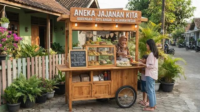 Desain gerobak kayu sederhana tapi bisa narik pelanggan model dengan papan nama di bagian atas