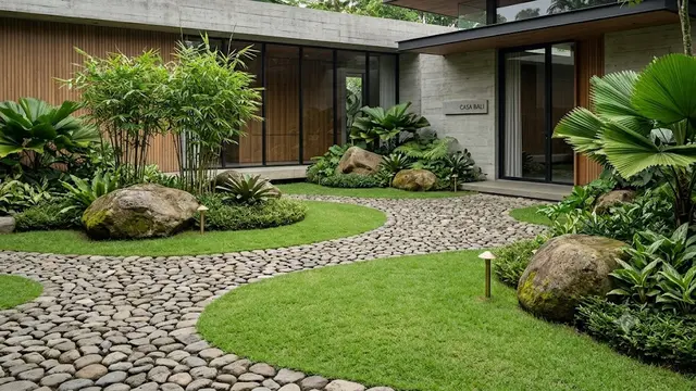 Taman Zen Minimalis dengan Pola Batu Kali