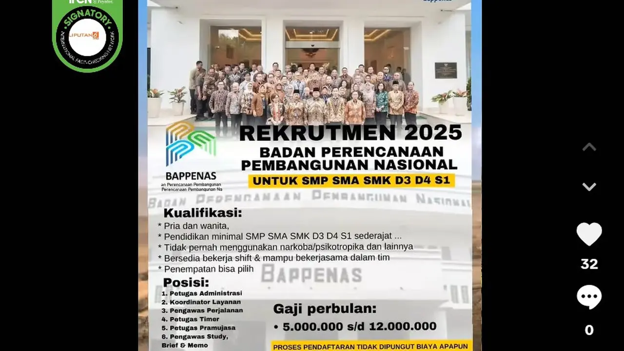Tangkapan layar postingan klaim link pendaftaran lowongan kerja di Kementerian PPN/ Bappenas.