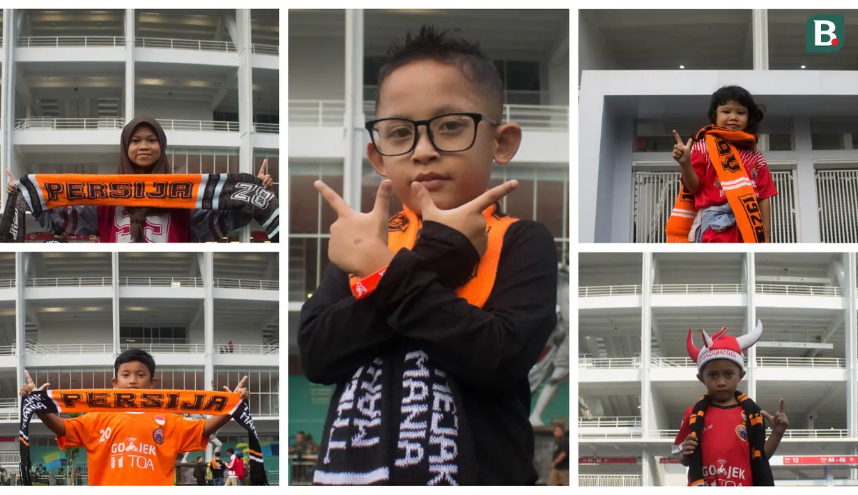 Berikut ini foto kolase gaya The Jakmania Cilik saat menyaksikan laga Persija Jakarta melawan Tampines Rovers pada laga AFC Cup 2018. (Bola.com/Asprilla Dwi Adha)