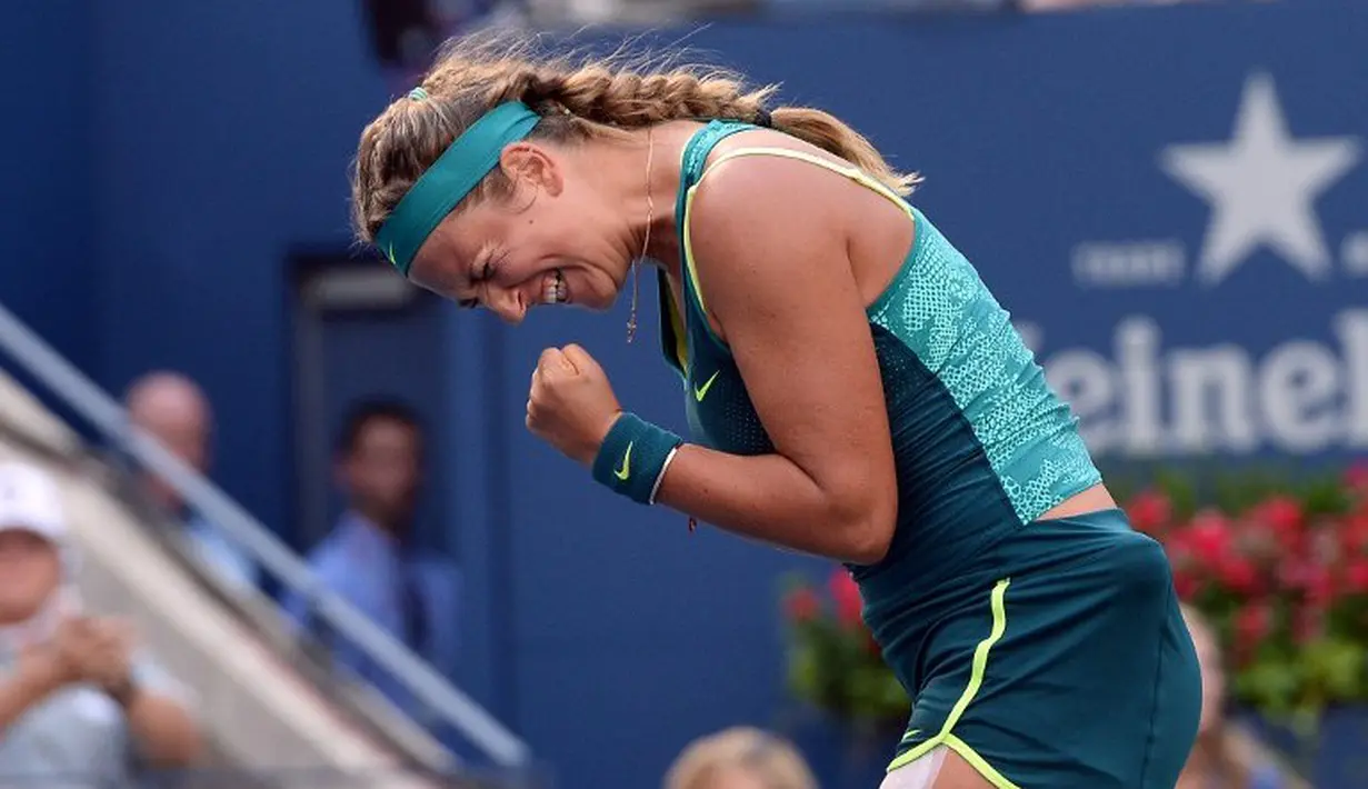 Ekspresi petenis Belarus, Victoria Azarenka, saat bertanding melawan petenis Jerman, Angelique Kerber, dalam Turnamen Tenis AS Terbuka 2015 di New York, AS. (5/9/2015). (AFP Photo/Jewel Samad)