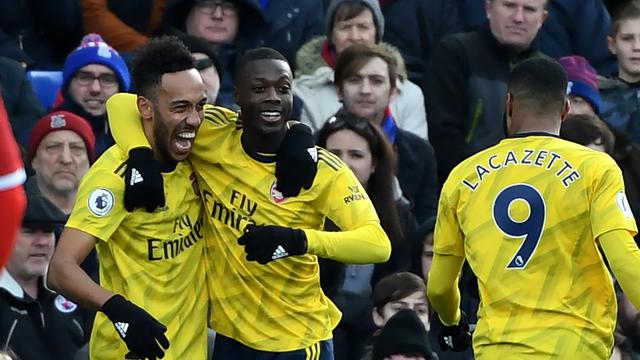 Striker Arsenal Pierre-Emerick Aubameyang, Nicolas Pepe dan Alexandre Lacazette (DAN ISTITENE / GETTY IMAGES EUROPE / GETTY IMAGES/AFP)