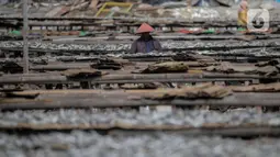 Pekerja saat menjemur ikan di kawasan Kampung Nelayan Muara Angke, Penjaringan, Jakarta Utara, Selasa (29/9/2020). Harganya pun, mahal atau murah tergantung dengan jenis ikan yang dibutuhkan masyarakat. (Liputan6.com/Johan Tallo)