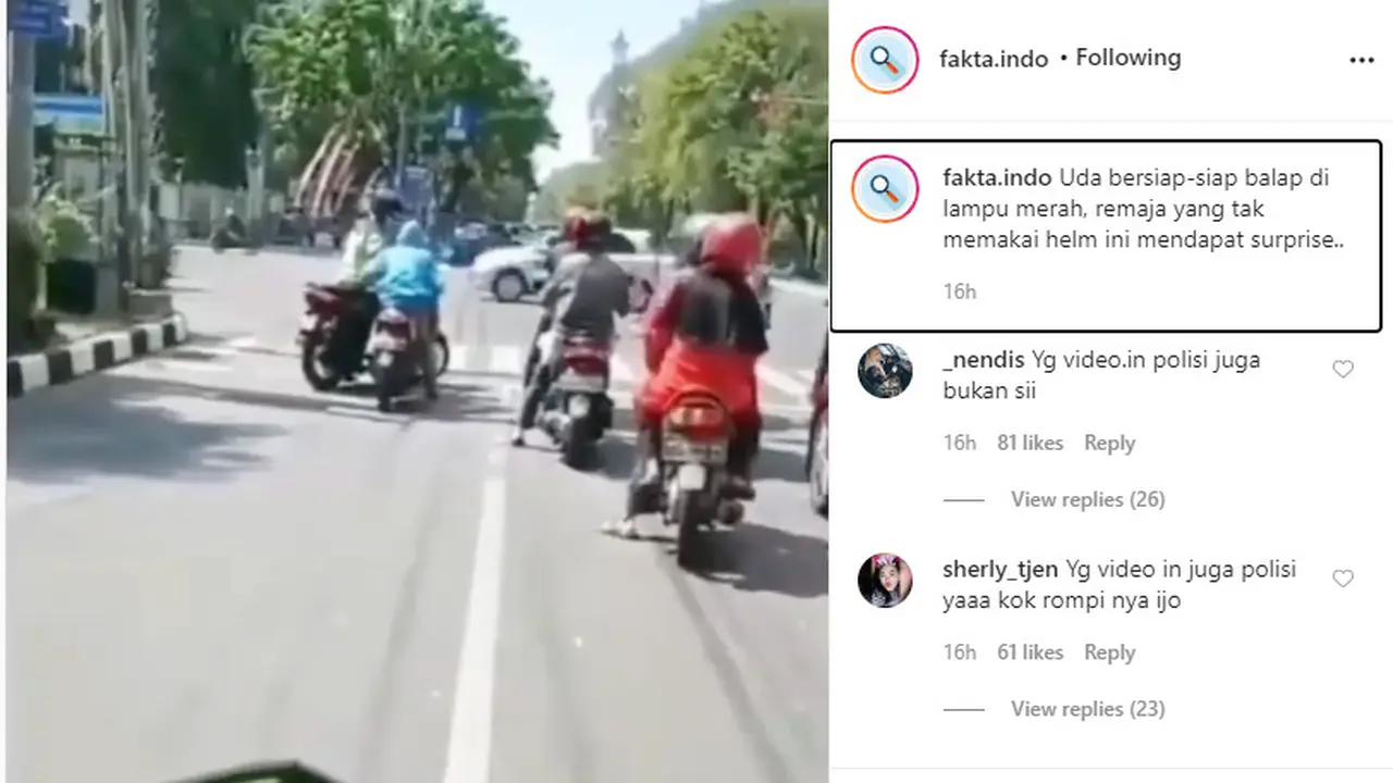 dari video yang dibagikan akun Instagram @fakta.indo. Seorang pengendara motor yang tengah menunggu lampu lalu lintas terlihat menundukan kepalanya karena tak menggunakan helm.