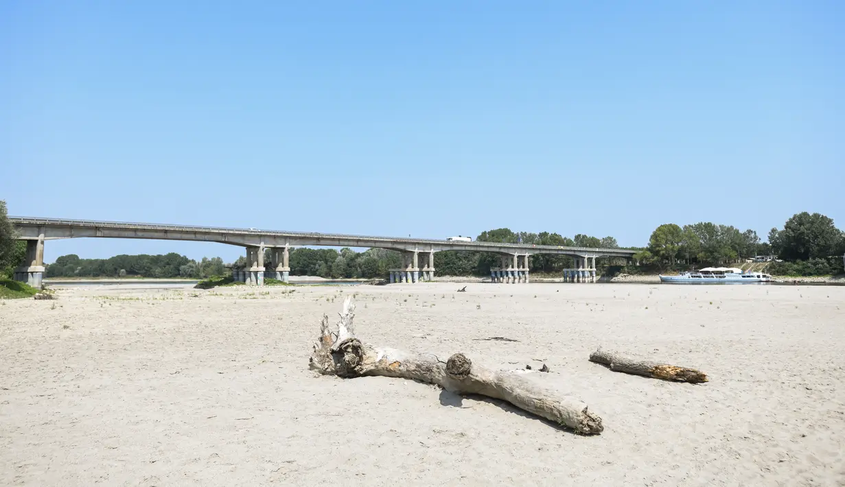 Pemandangan umum menunjukkan dasar sungai Po yang mengering di Boretto, timur laut Parma, pada Rabu (15/6/2022). Menurut pengamat sungai, kekeringan yang mempengaruhi sungai terbesar di Italia, Po adalah yang terburuk dalam 70 tahun terakhir. (Piero CRUCIATTI / AFP)