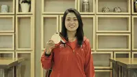 Peraih emas downhill putri, Tiara Andini Prastika, saat ditemui di Jakarta, Jumat (31/8/2018). (Bola.com/Vascal Sapta Hadi)