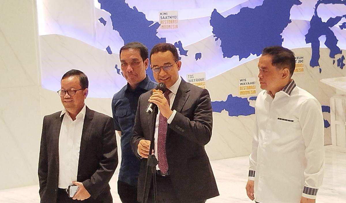 Calon presiden nomor urut 1, Anies Baswedan bertandang ke gedung DPP Partai NasDem di Nasdem Tower, Jakarta Pusat, Senin (22/4).<br>