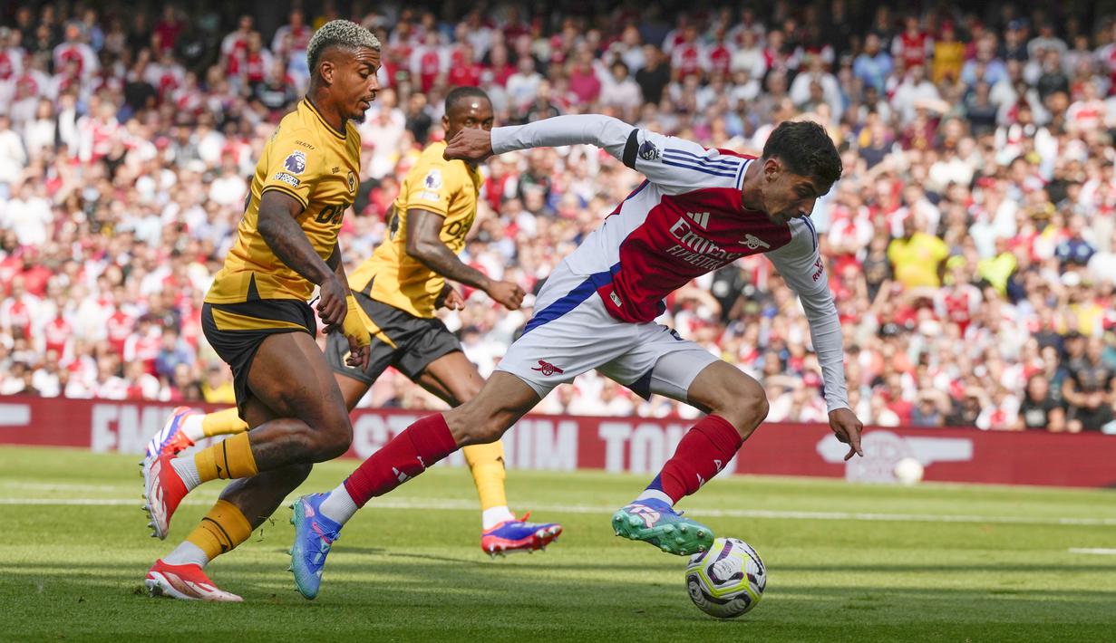 Arsenal menjamu Wolverhampton pada laga pekan pertama Premier League 2024/2025, Sabtu 17 Agustus 2024. Pada duel di Stadion Emirates itu, Arsenal meraih kemenangan 2-0 atas lawannya. (AP Photo/Frank Augstein)