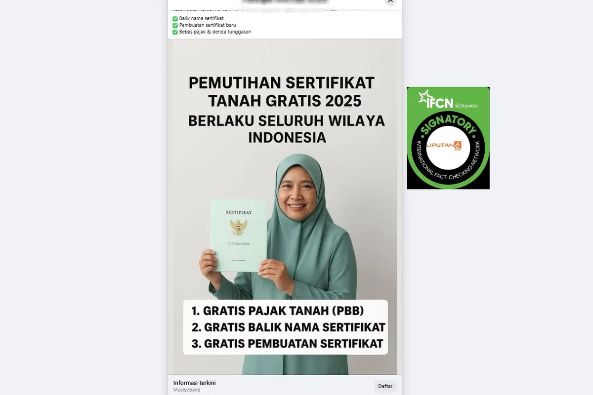 Hoaks pemutihan sertifikat tanah gratis beredar di media sosial.