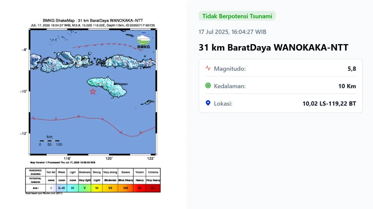 Gempa hari ini, Kamis (17/7/2025) pukul 16:04:27 WIB terjadi di Wanokaka, Provinsi Nusa Tenggara Timur (NTT).