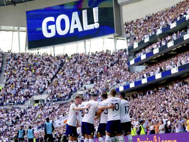 Tottenham Hotspur meraih kemenangan telak saat menjamu Southampton pada laga pekan pertama Liga Inggris 2022/2023. (Kirsty O'Connor/PA via AP)