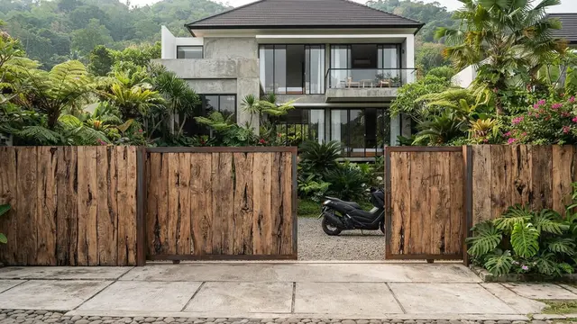 Model Pagar dengan Gerbang Kayu yang Terlihat Natural