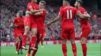 Selebrasi pemain Liverpool usai mencetak gol ke gawang Hull City, Sabtu (24/9/2016). (AFP)