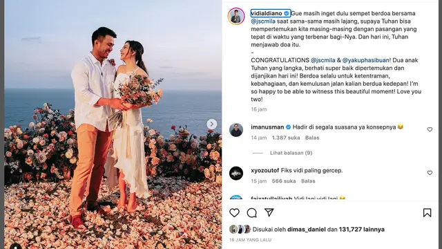 Unggahan Vidi Aldiano soal Jessica Mila dilamar. (Foto: Dok. Instagram @vidialdiano)