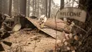 Sebuah rumah yang terbakar membara selama kebakaran Dixie di lingkungan Indian Falls di Plumas County, California (26/7/2021). (AFP/Robyn Beck)