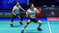 Ganda putra Indonesia Mohammad Ahsan/Hendra Setiawan saat menghadapi&nbsp;Liang Wei Keng/Wang Chang dari China pada laga semifinal&nbsp;All England 2023 di Utilita Arena Birmingham, Inggris, Sabtu (18/3) malam WIB. (foto: PBSI)