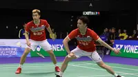 Ganda putra Indonesia Kevin Sanjaya Sukamuljo / Marcus Fernaldi Gideon tersingkir dari Hong Kong Open 2019 setelah kalah dari pasangan Jepang, Hiroyuki Endo / Yuta Watanabe di Hong Kong  Coliseum, Jumat (15/11/2019). (foto: PBSI)