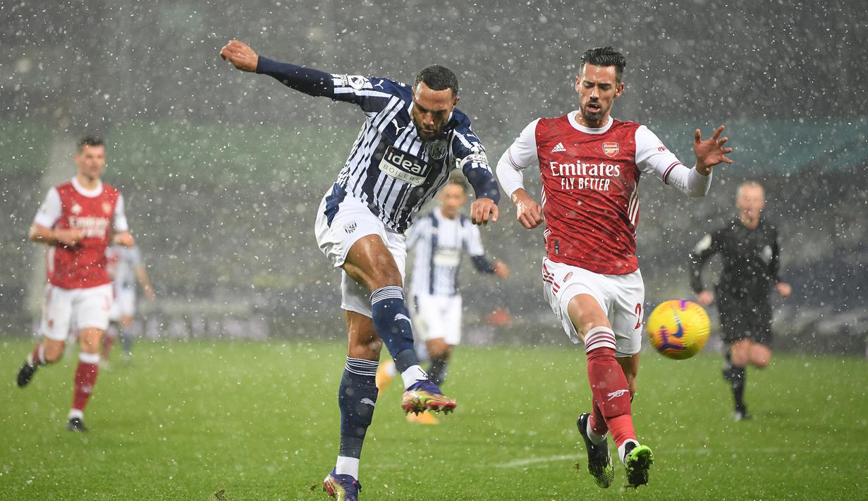 Gelandang West Bromwich Albion, Matt Phillips (kiri) melepaskan tendangan di depan bek Arsenal, Pablo Mari dalam laga lanjutan Liga Inggris 2020/21 pekan ke-17 di Hawthorns Stadium, Sabtu (2/1/2021). West Bromwich Albion kalah 0-4 dari Arsenal. (AFP/Michael Regan/Pool)