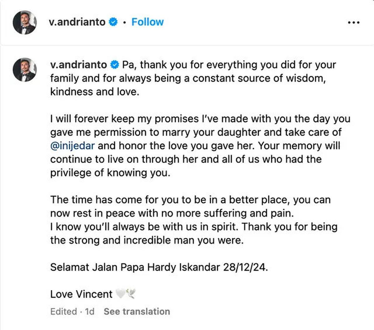 Surat Terbuka Vincent Verhaag untuk Mendiang Ayah Jessica Iskandar, Janji Bakal Selalu Cinta Jedar