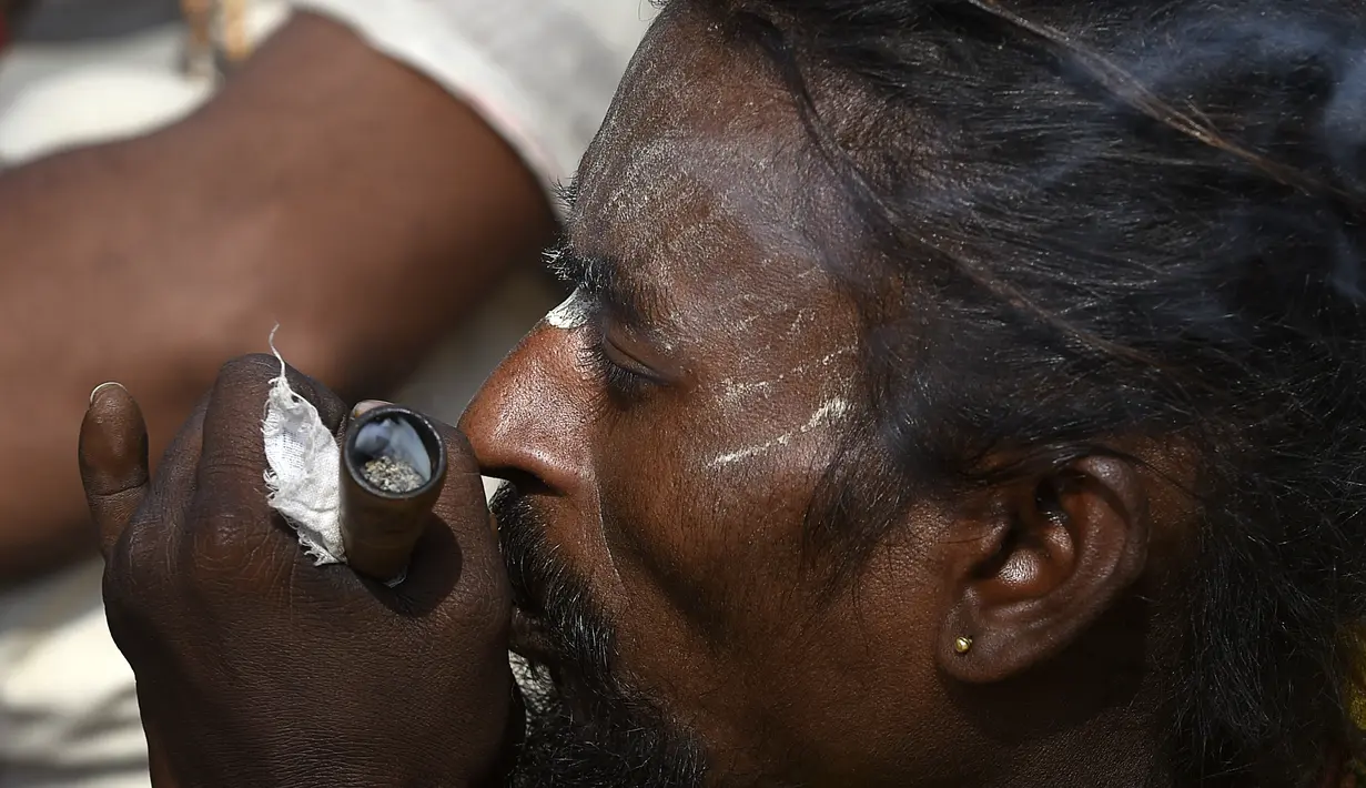 Seorang Sadhu atau orang suci Hindu menghisap ganja menjelang festival Hindu 'Maha Shivaratri', di Kathmandu (9/3/2021). Festival ini merupakan peringatan besar untuk menghalau kegelapan dan ketidaktahuan dalam kehidupan di dunia. (AFP/Prakash Mathema)