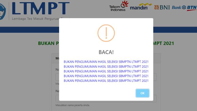 Tangkapan layar halaman aplikasi pengumuman SBMPTN Tiruan.