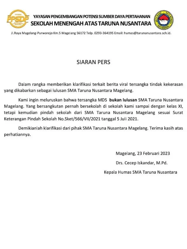 Klarifikasi SMA Taruna Nusantara Magelang soal status Mario Dandy. (Foto: Dok. Instagram @sma.tarunanusantara)