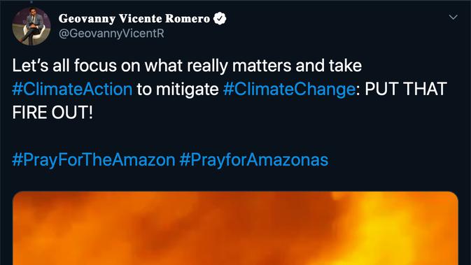 Ahli strategi politik, Geovanny Vicente Romero mencuitkan sebuah video dan pernyataan terkait kebakaran hutan Amazon pada Jumat (23/8/2019).