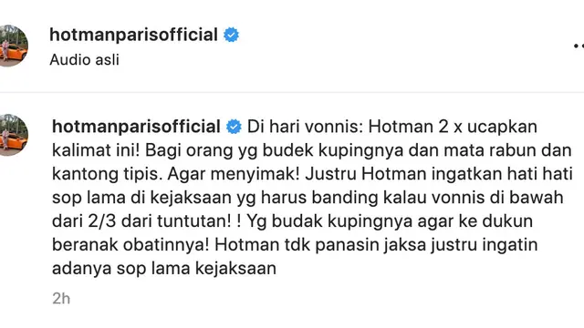 Unggahan Hotman Paris soal dituding ngompori jaksa soal vonis Richard Eliezer. (Foto: Dok. Instagram @hotmanparisofficial)