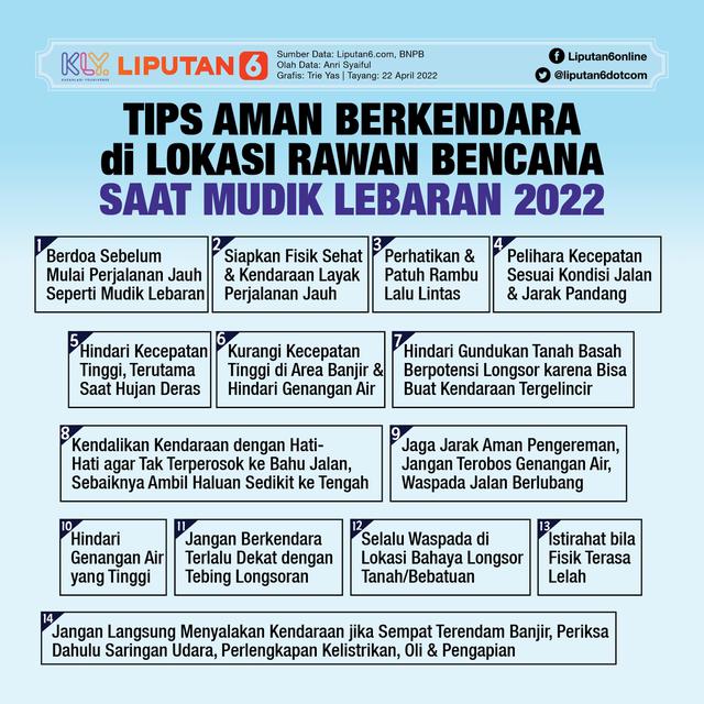 <p>Infografis Tips Aman Berkendara di Lokasi Rawan Bencana Saat Mudik Lebaran 2022. (Liputan6.com/Trieyasni)</p>