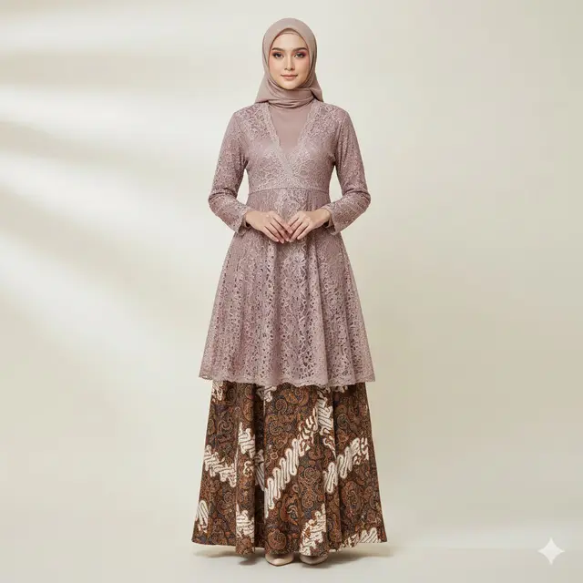 Gamis Brokat V-Neck Rok Batik A-Line (Gemini AI)