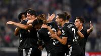 Penyerang Juventu, Dusan Vlahovic (tengah kiri), merayakan gol ke gawang Spezia pada lanjutan Liga Italia 2022/2023 di Juventus Stadium, Turin, Kamis (1/9/2022) dini hari WIB. (Fabio Ferrari/LaPresse via AP)