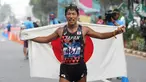 Atlet Jepang, Hayato Katsuki melakukan selebrasi usai memenangkan cabang olahraga jalan cepat 50 Km putra di Asian Games 2018, Jakarta, Kamis (30/8). Hayato menorehkan waktu 4 jam 3 menit dan 30 detik. (Merdeka.com/Imam Buhori)
