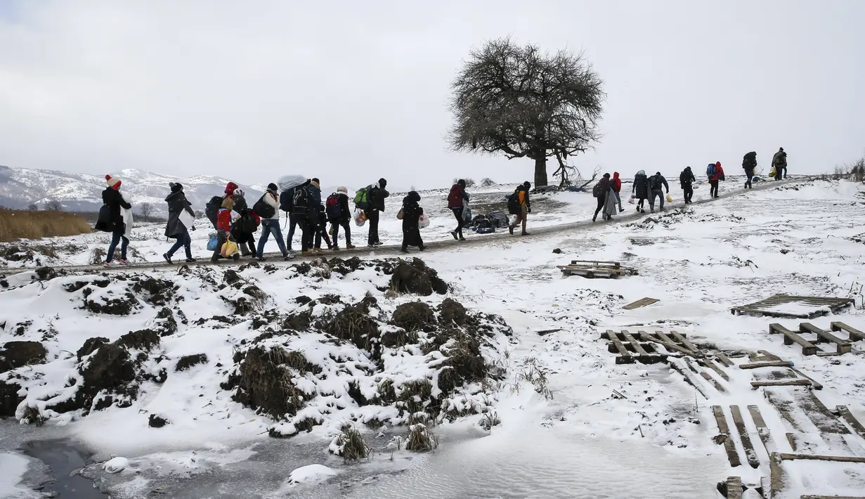 Sejumlah imigran berjalan melewati salju tebal membawa barang-barang mereka melintasi perbatasan Makedonia, dekat desa Miratovac, Serbia, (18/1/2016). (REUTERS/Marko Djurica)