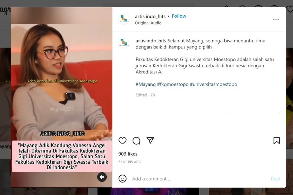 Terungkap, Mayang Adik Mendiang Vanessa Angel Masuk Fakultas Kedokteran Gigi Universitas Moestopo.