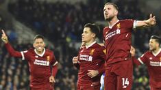 Para pemain Liverpool merayakan gol Philippe Coutinho saat melawan Brighton & Hove Albion di American Express Community Stadium, Brighton, (2/12/2017). Liverpool menang telak 5-1. (AFP/Glyn Kirk)