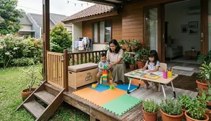 Model Rumah Kecil dengan Teras Multifungsi untuk Kegiatan Ibu Rumah Tangga. (ilustrasi by AI)