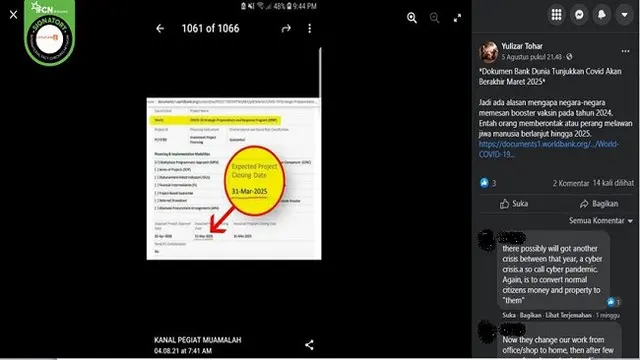 Gambar Tangkapan Layar Dokumen dari Bank Dunia yang Memprediksi Berakhirnya Pandemi Covid-19 (sumber: Facebook).