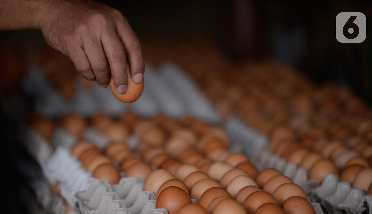Pedagang menata telur ayam lokal dagangannya di pinggir jalan Pamulang Permai, Tangerang Selatan, Banten, Jumat (30/10/2020). Memasuki libur panjang pada pekan ini, harga telur dipasaran yang sebelumnya mencapai 23 ribu kini turun menjadi Rp 21 ribu per kilogram. (merdeka.com/Dwi Narwoko)