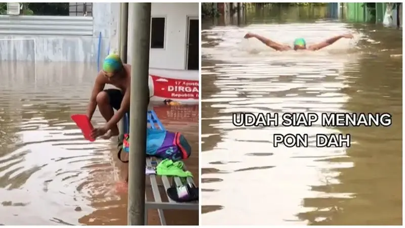 Viral Pemuda Pakai Perlengkapan Bak Atlet Renang di Genangan Banjir
