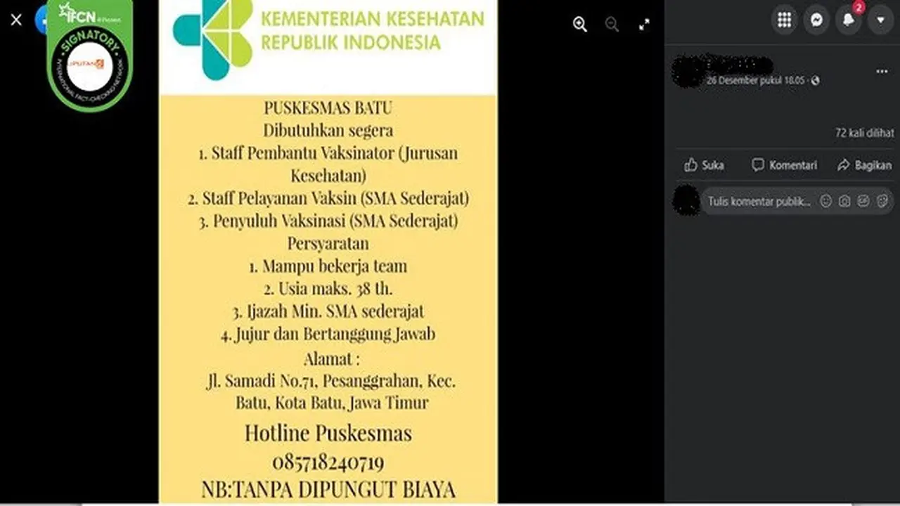 Gambar Tangkapan Layar Informasi Hoaks Lowongan Kerja Bagi Vaksinator di Puskesmas Batu (sumber: Facebook).