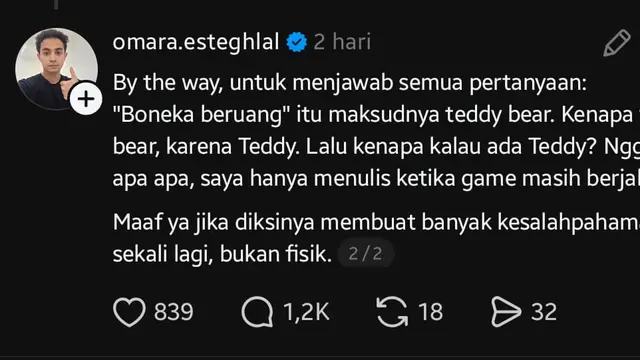 Omara menyampaikan permintaan maaf setelah tuai kritik dari netizen (Threads.com/omara.esteghlal)