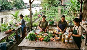 Pengolahan Hasil Panen Menjadi Produk Bernilai Ekonomi/ Kebun Sayur di Bantaran Sungai (Sumber: gemini.com)