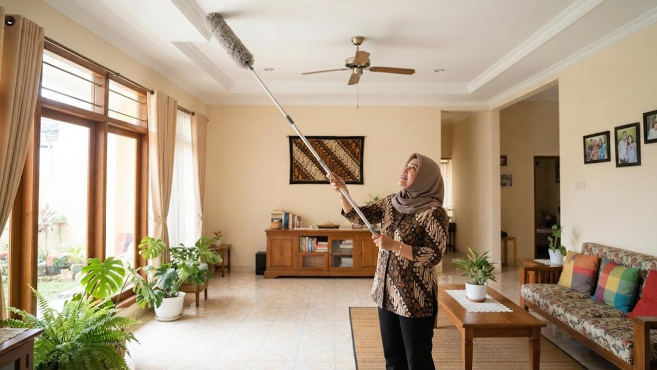 Cara membersihkan plafon tanpa tangga dengan membersihkan secara berkala sebelum berdebu
