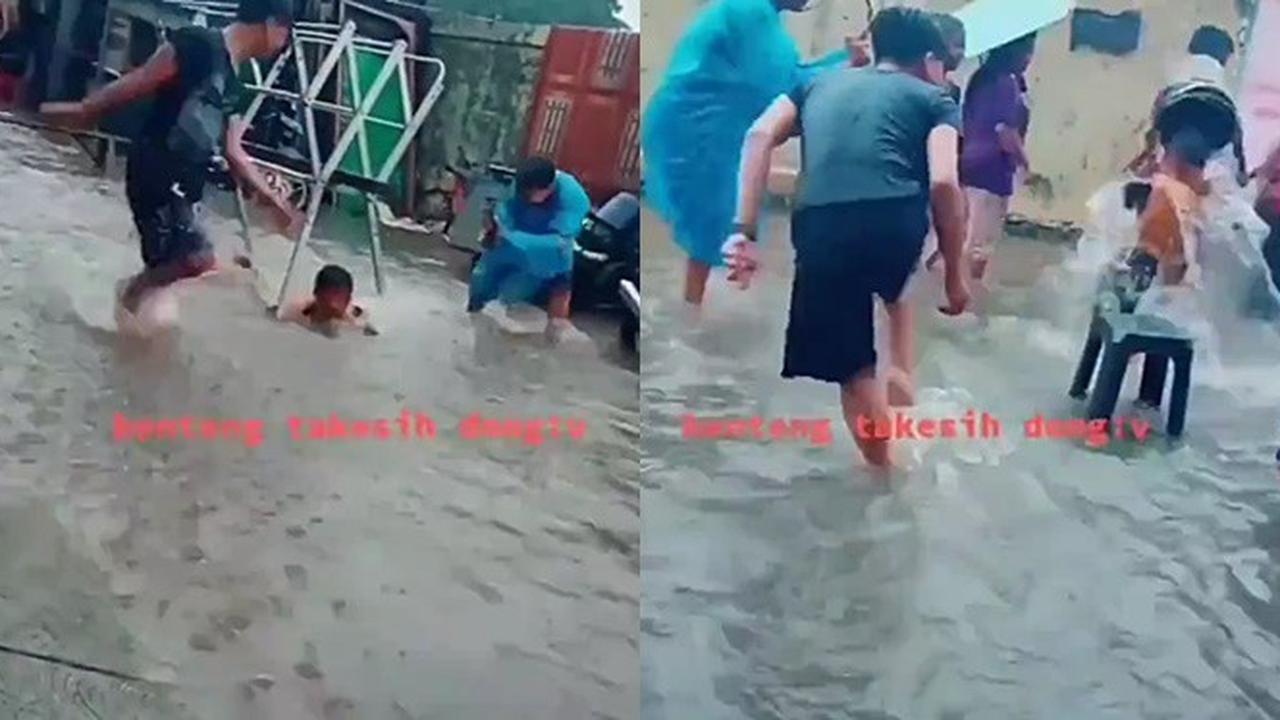 Warga Asik Bermain Seperti Benteng Takeshi saat Banjir Ini Jadi Hiburan