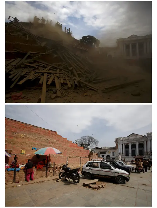 Gambar kombinasi menunjukkan kuil di Bashantapur Durbar Square setelah gempa bumi pada 25 April 2015 (atas) dan lokasi yang sama setelah gempa dahsyat yang menewaskan lebih dari 8.000 orang di Kathmandu, Nepal, 16 Februari 2016. (REUTERS/Navesh Chitrakar)