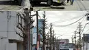 Foto kombinasi menunjukkan orang-orang (atas) berjalan melewati mobil yang rusak di jalan di daerah yang dilanda tsunami di Tagajo, Prefektur Miyagi pada tanggal 13 Maret 2011; dan area yang sama (bawah) hampir 10 tahun kemudian pada tanggal 26 Januari 2021. (AFP/Kazuhiro Nogi, Kim Jae-Hwan)